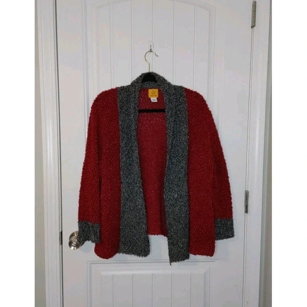 Ruby Rd. Women's XL Open Burgundy Gray Knit Cardigan Sweater Light Weight BoHo - Picture 2 of 7